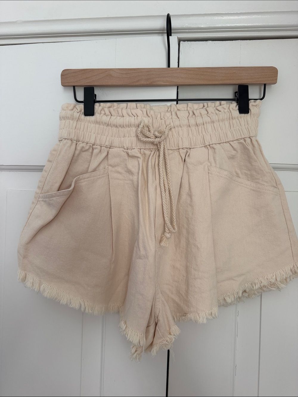 Mustard Seed Cream High-Waist Drawstring Frayed-Hem Shorts
